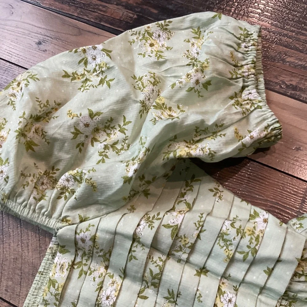 Pleated Tiered Midi Floral Dress Puff Sleeves Medium Mint - Picture 7 of 7